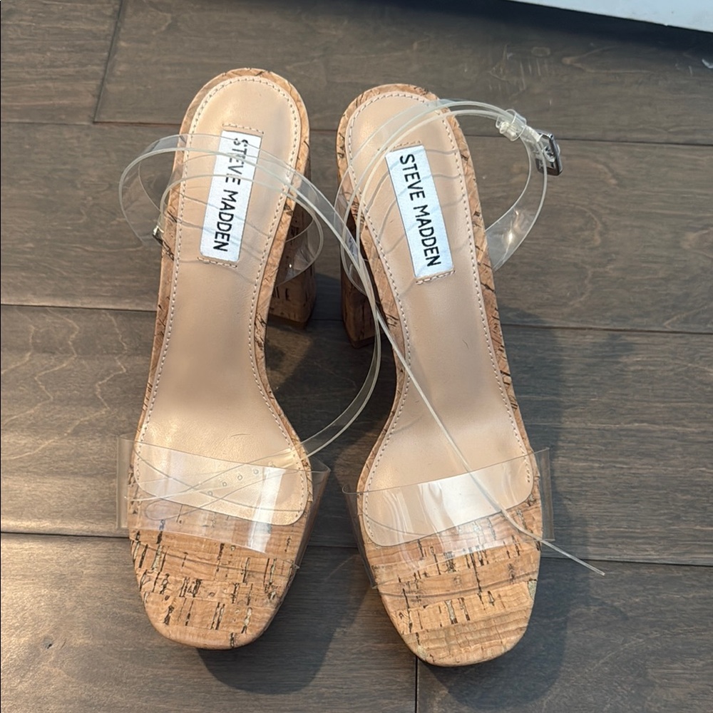 NEW! Steve Madden Lessa Clear Strap Cork Heels